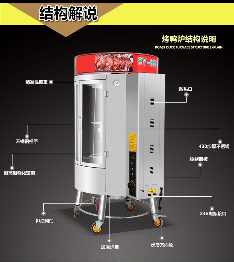 商用燃?xì)饽咎靠鞠?自動(dòng)旋轉(zhuǎn)烤鴨爐鋼化玻璃 電熱烤雞烤鴨爐設(shè)備